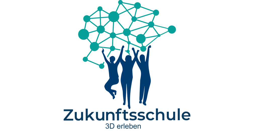 Logo der Zukunftsschule 3D erleben, springende Silhouetten halten Netz mit Kreisen