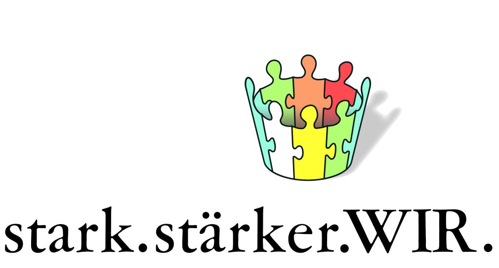 Logo-Grafik: Krone aus mehrfarbigen Puzzlesteinen und Schriftzug stark.stärker.WIR